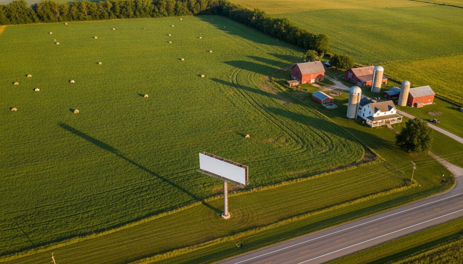 Aerial view of a farm: fields, barns and a house, with one billboard standing at the highway edge of the property.